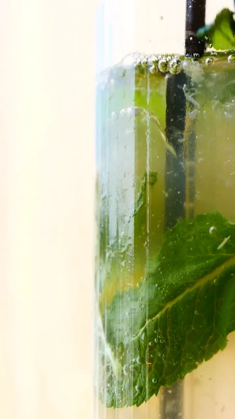 A Refreshing Minty Drink with Bubbles and Fresh Green Leaves Ready for Enjoyment Stock Footage 310722021