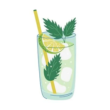 Refreshing Mojito Cocktail with lime, mint, and ice. Glass with beverage. Stock Illustration