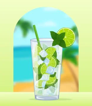 Refreshing mojito cocktail standing on table with tropical beach view Ilustración de archivo