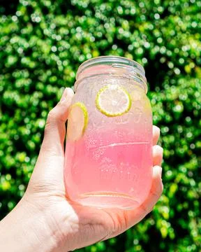 Refreshing pink lemonade held in one hand. Stock Photos