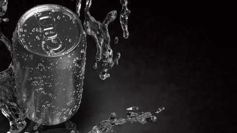 Refreshing Silver Soda Can with Dynamic Water Splash 3d render. Stock Illustration