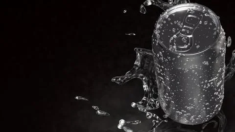 Refreshing Silver Soda Can with Dynamic Water Splash 3d render. Stock Illustration