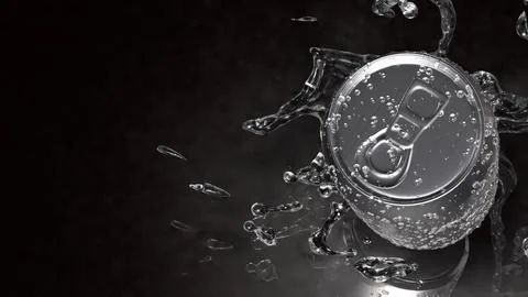Refreshing Silver Soda Can with Dynamic Water Splash 3d render. Ilustración de archivo