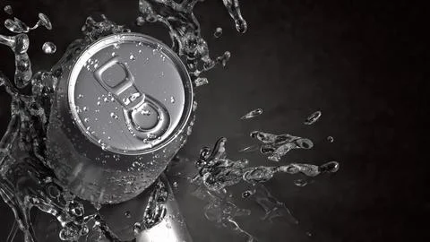 Refreshing Silver Soda Can with Dynamic Water Splash 3d render. Stock Illustration