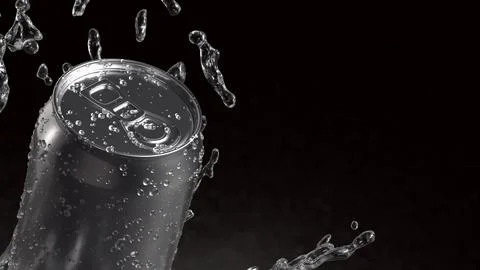 Refreshing Silver Soda Can with Dynamic Water Splash 3d render. Stock Illustration