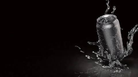 Refreshing Silver Soda Can with Dynamic Water Splash 3d render. Stock Photos