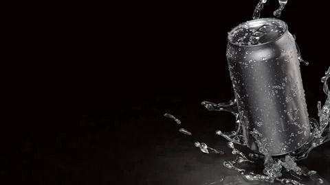 Refreshing Silver Soda Can with Dynamic Water Splash 3d render. Stock Photos