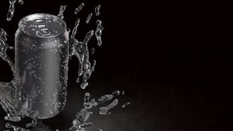 Refreshing Silver Soda Can with Dynamic Water Splash 3d render. Stock Photos