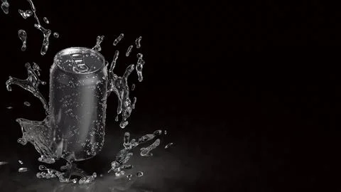 Refreshing Silver Soda Can with Dynamic Water Splash 3d render. Stock Photos