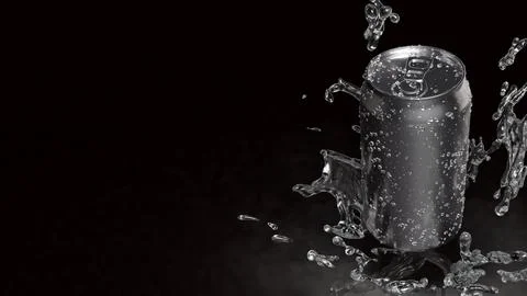 Refreshing Silver Soda Can with Dynamic Water Splash 3d render. Stock Photos