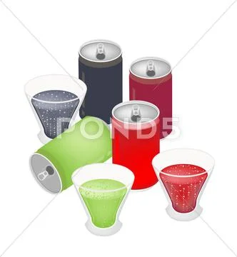 Refreshing Soda Drinks in Glass and Cans Stock Illustration
