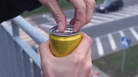 Refreshing soda pop can drink opening, close up. Street drink Video stock 220205763