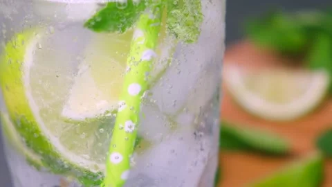 A refreshing soft drink. Mojito in a glass close-up. Stock Footage 155700219