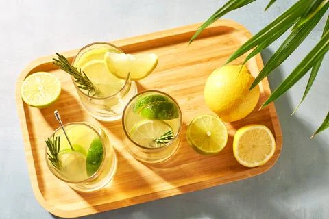 Refreshing soft drinks with fresh lemon and lime slices, garnished with a sprig Stock Photos