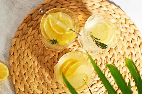 Refreshing soft drinks with fresh lemon and lime slices, garnished with a sprig Stock Photos