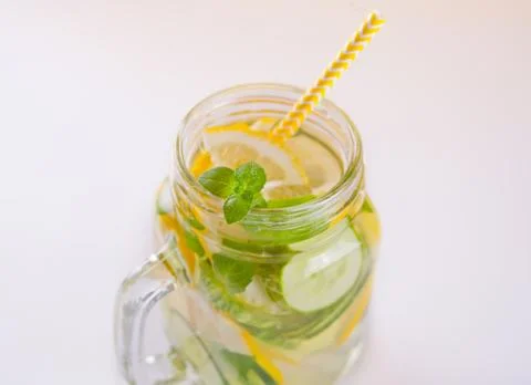 Refreshing summer drink with lemon, ginger, fresh cucumber and mint. Stock-Fotos