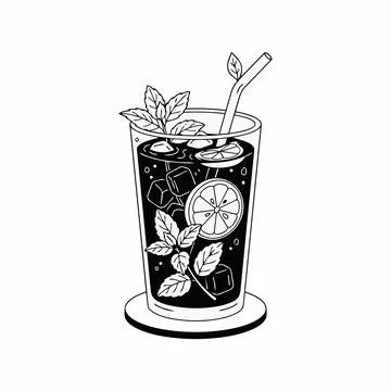 Refreshing summer drink with mint and lemon, black line art illustration Si.. Stock Illustration