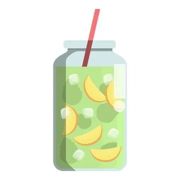 Refreshing summer drink with peach slices and ice cubes in a glass jar with a Stock Illustration