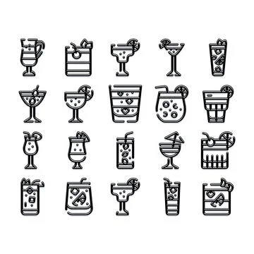 Refreshing summer drinks and cocktail glass icon set Stock Illustration