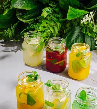 Refreshing summer drinks with citrus and mint in jars Stock Photos