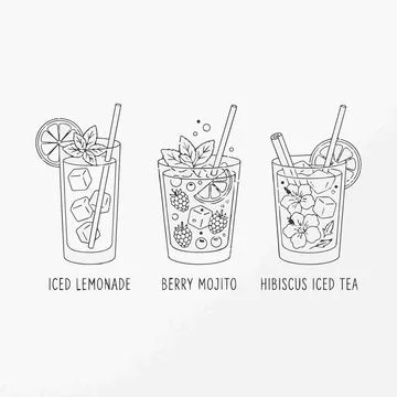Refreshing summer drinks, iced lemonade, berry mojito, hibiscus tea, line a.. Ilustración de archivo