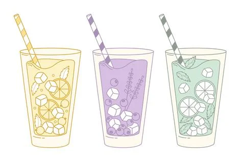 Refreshing Summer Drinks with Lemon Mint and Lavender Berry Flavors. Isolat.. Stock Illustration