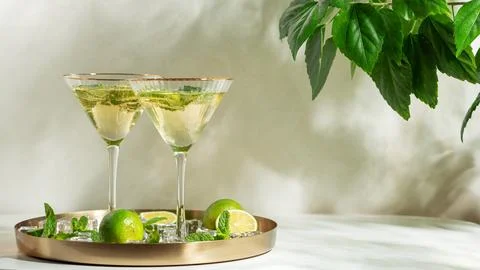 Refreshing summer drinks with lime and mint on tray Stock Photos
