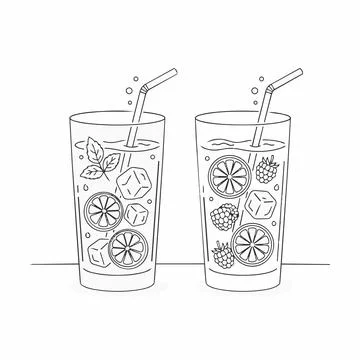 Refreshing summer drinks with straws and fruits Silhouette Stock Illustration
