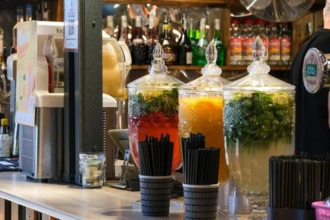 Refreshing Summer Lemonade Drinks Displayed at Outdoor Bar Counter Stock Photos
