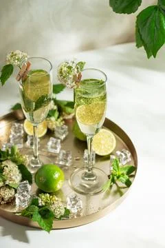 Refreshing summer mojito cocktails with lime and mint on a golden tray Stock Photos