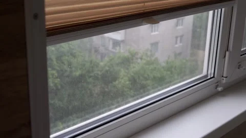 A refreshing view of a rainy day from my cozy home window, showcasing the Stock-Footage 314227442
