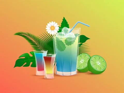 Refreshment alcoholic drinks with lime, ice cubes, straws, and tropical leaves Stock Illustration