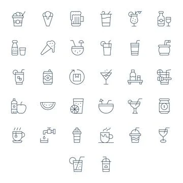 Refreshment Professional Vector Set with 32 Thin Line Editable Retina Ready.. Illustrazione stock