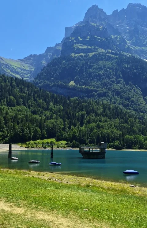 Refreshment in a Swiss mountain lake. Video stock 339244627