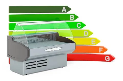 Refrigerated display case with energy efficiency chart, 3D rendering Stock Illustration