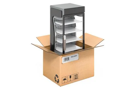 Refrigerated, display case inside cardboard box, delivery concept. 3D renderi Stockillustratie