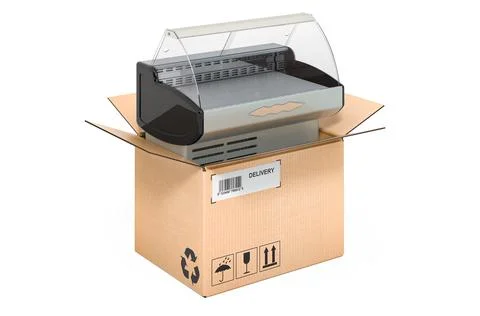 Refrigerated display case inside cardboard box, delivery concept. 3D renderin Stockillustratie