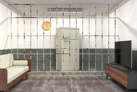 The refrigerator behind bars in the house is a warning against overeating. Stock Illustration