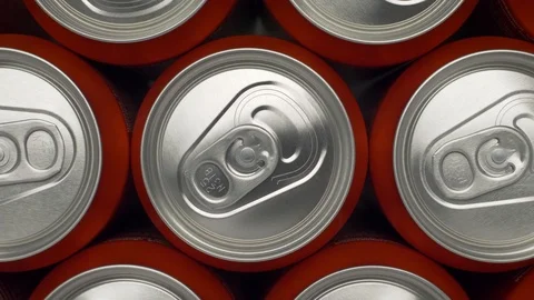 Refrigerator clogged with red cans of soda or beer Stock Footage 106046943