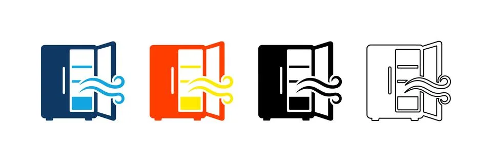 Refrigerator cooling solid icon set. Featuring open fridge doors, cold air .. Stock Illustration
