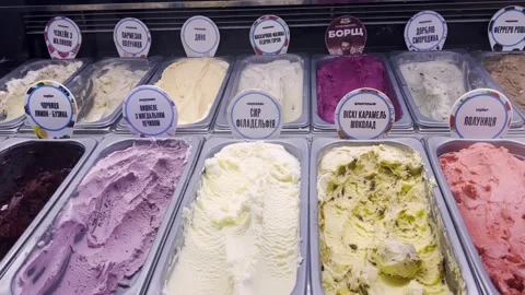 Refrigerator display case with a large assortment of craft ice cream  Stock Footage 299709762