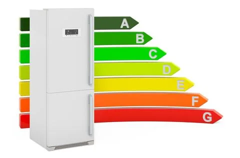 Refrigerator with energy efficiency chart, 3D rendering Stock Illustration