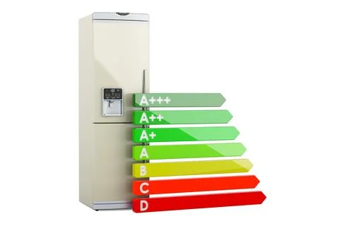 Refrigerator with energy efficiency chart, 3D rendering Stock Illustration