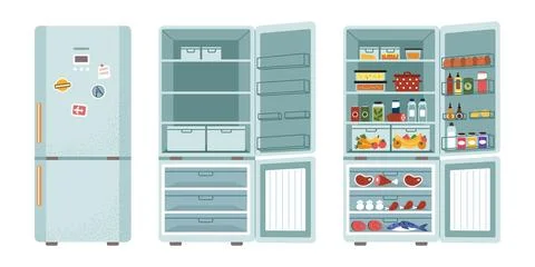 Refrigerator. Fridge closed and open with food. Food storage. Kitchen appliance Stock Illustration