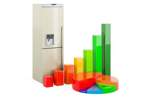 Refrigerator with growth bar graph and pie chart, 3D rendering Stock Illustration