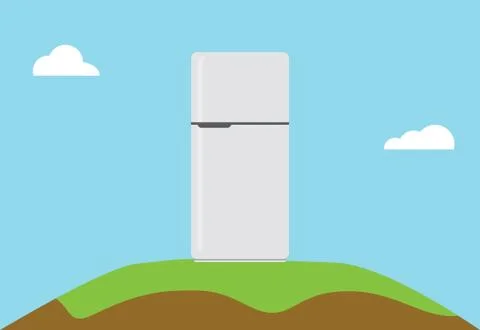 Refrigerator isolated with green background and long shadow on mountain Illustrazione stock