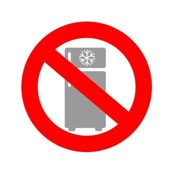 Refrigerator in a prohibition red circle, do not freeze or refrigerate symbol Stock Illustration