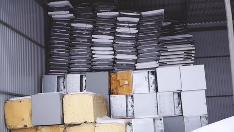 Refrigerator recycling at the factory in winter Stock Footage 105371453