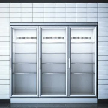 Refrigerator with three doors in the store. 3d rendering Stock Illustration