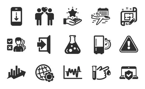 Refrigerator timer, Chemistry lab and Scroll down icons set. Vector Stock Illustration